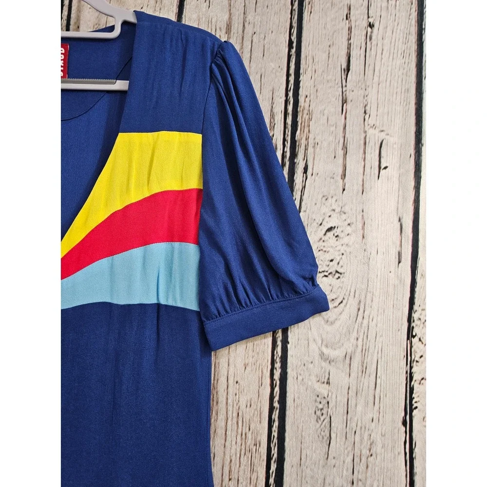 STAUD Blue Rainbow Colorblock Midi Dress Novelty Buttons XS - Picture 2 of 6